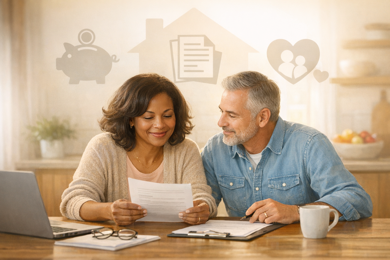 Middle-aged couple calmly reviewing estate planning documents at a kitchen table, symbolizing thoughtful planning and peace of mind.